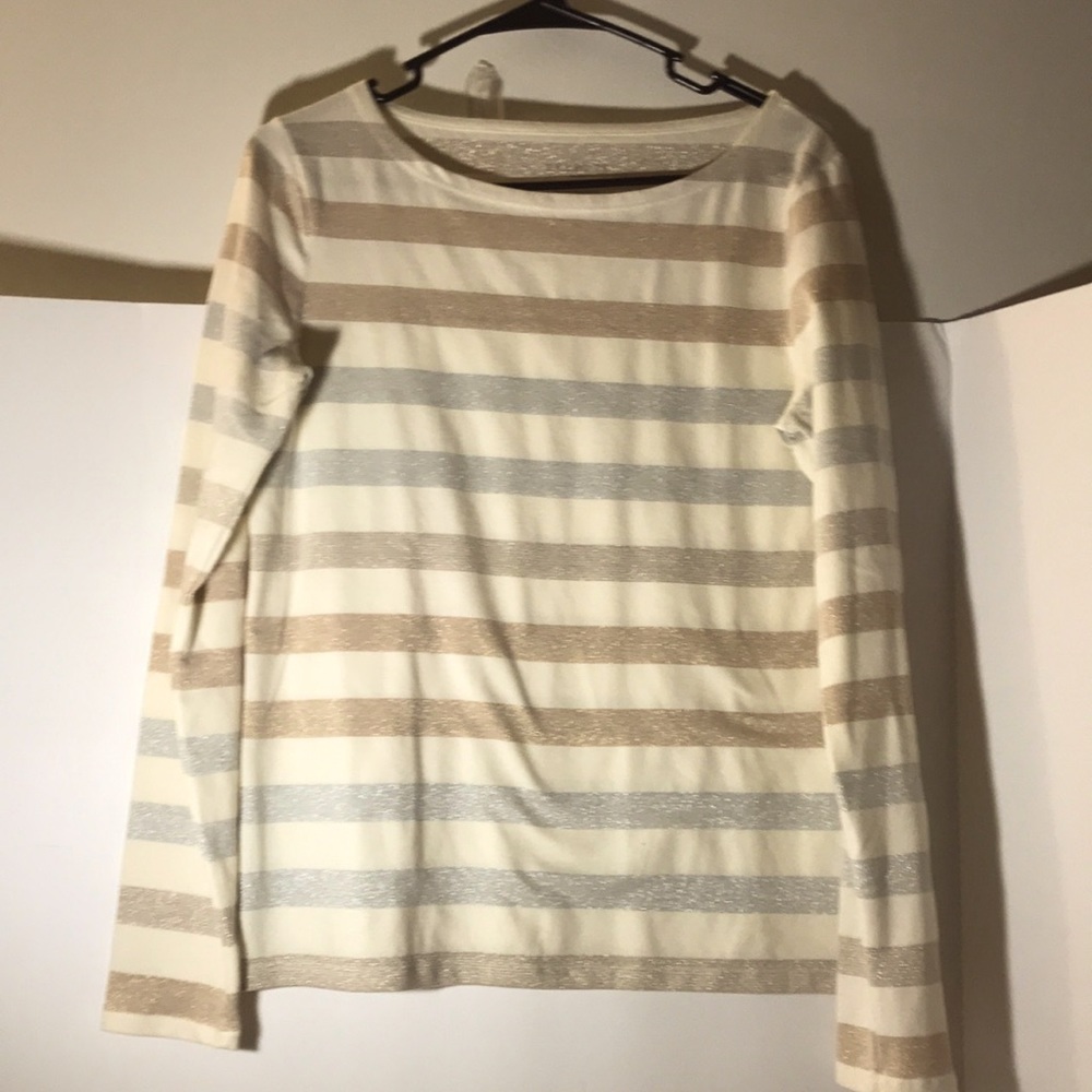 Talbots metallic top size small long sleeve gold silver cream casual preppy glam